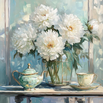 Charming still life featuring a vase of white flowers, a vintage teapot, and a teacup, painted in soft pastel tones