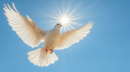 Majestic dove with wings outstretched against bright blue sky on a sunny day.