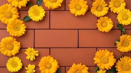 Bright Yellow Flowers Framing a Brick Background Creating a Cheerful and Vibrant Scene for Celebrations, Events, or Creative Projects