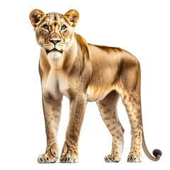 Obraz premium A full-body view of a lioness standing tall and alert, with her body facing forward and ears perked up