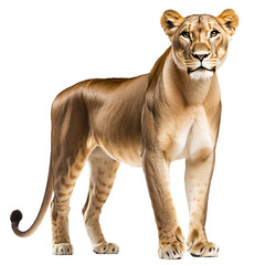 Obraz premium A full-body view of a lioness standing tall and alert, with her body facing forward and ears perked up