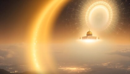 Obraz premium Majestic Mosque Floating in a Golden Sky Above a City
