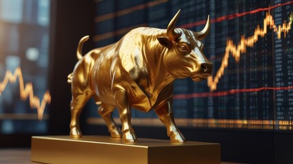 Golden bull statue with digital stock graphs in the background, representing bullish market trends, investor confidence, and the rising cryptocurrency landscape.