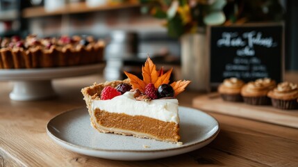 A rustically styled image shows a pumpkin pie with cream and berries. The tabletop is adorned with autumn leaves and cupcakes, creating a homely warmth feeling.