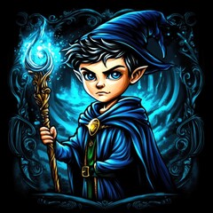 A young wizard with a staff, wearing a blue cloak and hat, surrounded by magical effects.