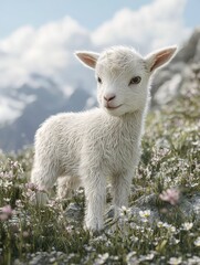 Obraz premium Cute young goat standing on rocky terrain in a lush green landscape with mountains in the background under a bright blue sky. Generative AI