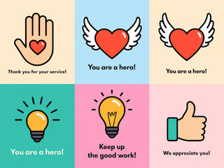 Inspiring message icons featuring hearts, lightbulbs, and thumbs up for gratitude and motivation - obrazy, fototapety, plakaty