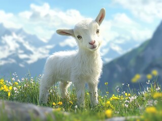 Fototapeta premium Cute young goat standing on rocky terrain in a lush green landscape with mountains in the background under a bright blue sky. Generative AI