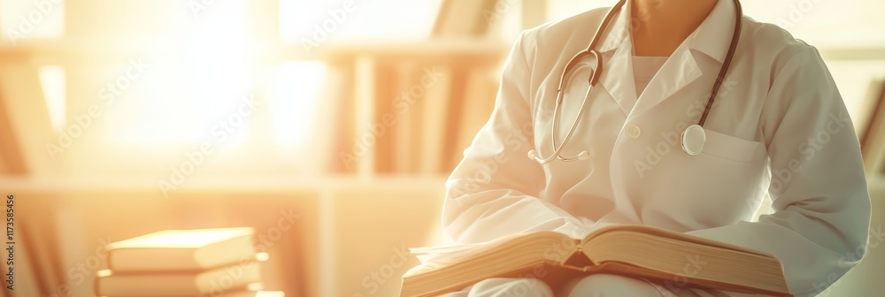 Poster medical doctor with stethoscope is holding and reading a medical textbook while sitting in a sunny l
