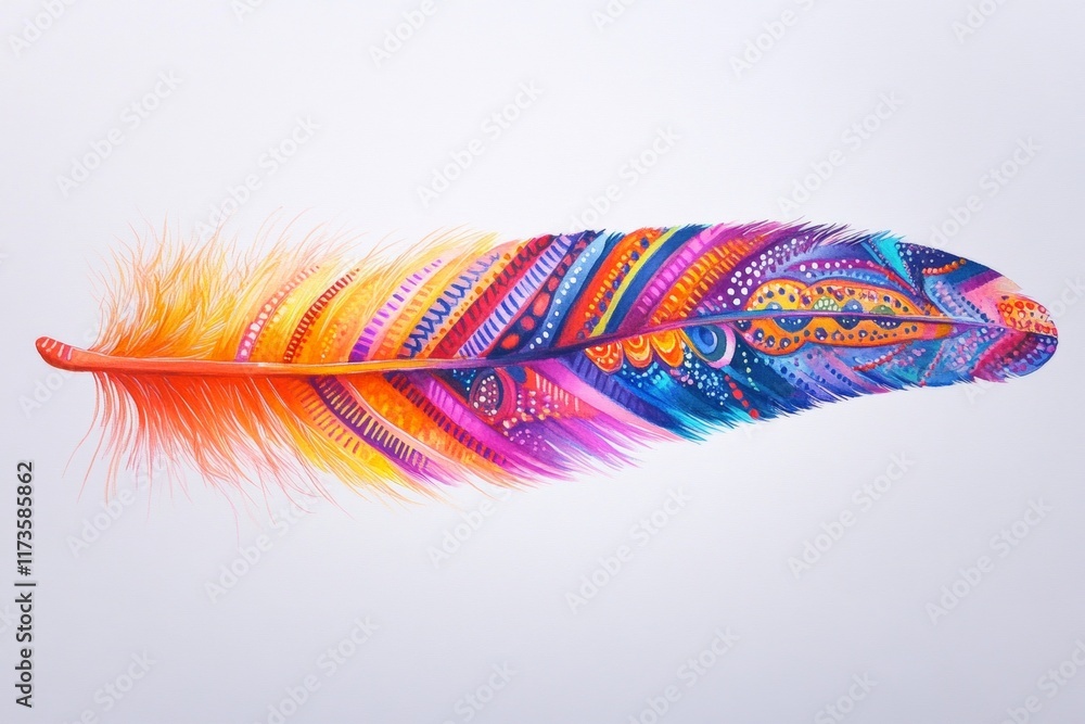 Poster colorful feather with a rainbow pattern. the feather is painted with bright colors and has a unique 