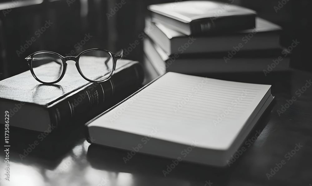 Poster black and white close-up of eyeglasses resting on a book, with a stack of books in the background an