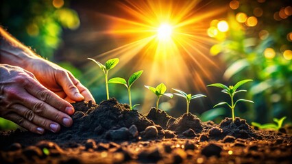 Fototapeta premium Surreal Gardener: Hands Planting Seedlings in Ethereal Soil