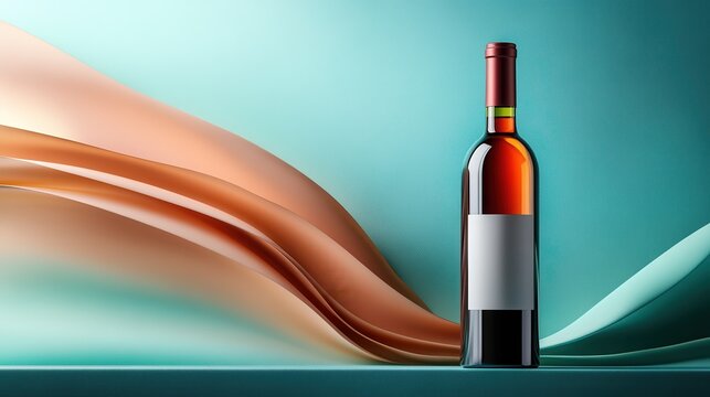 A sleek wine bottle with a minimalist label stands on a smooth surface, surrounded by flowing, warm orange and teal fabric swirls, symbolizing elegance.