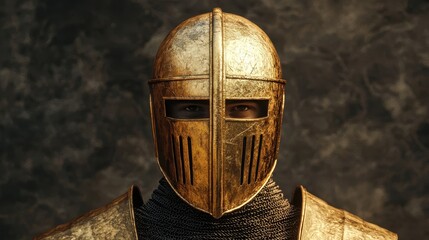 A knight in an ornate golden helmet stares forward, evoking a sense of bravery and historical significance.