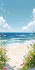 Obraz premium Tranquil beach with vibrant wildflowers, gentle waves, and a bright blue sky, perfect for a peaceful summer escape.