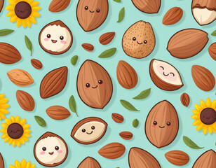 Cute drawn nuts and seeds pattern with smiling faces on a blue background