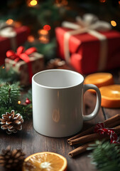 A white mug sits on a rustic wooden table, surrounded by Christmas decorations, including presents, pine cones, orange slices, and cinnamon sticks.  Warm, festive lighting creates a cozy atmosphere.