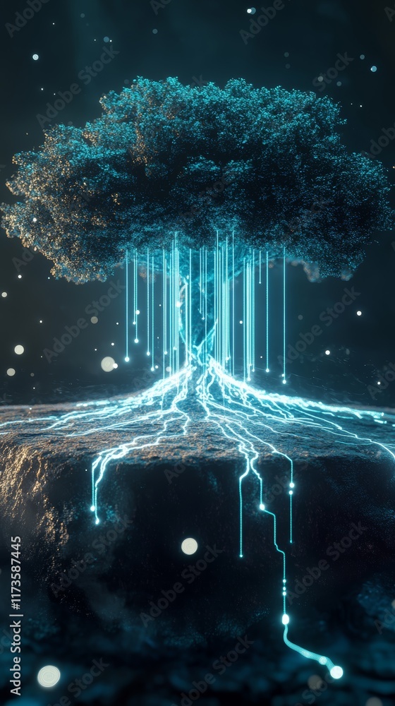 Poster surreal scene with giant floating data tree surrounded by ethereal lighting in a dreamlike environme