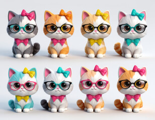 Fototapeta premium Adorable casual kittens with glasses and bows in cute outfits