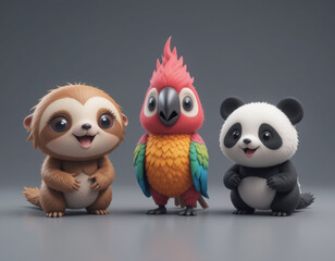 Obraz premium Adorable casual animals: sloth, parrot, panda in a colorful group portrait