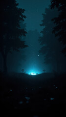 Fototapeta premium This is an illustration featuring a forest path at night with a figure standing in front of a mysterious glowing object.