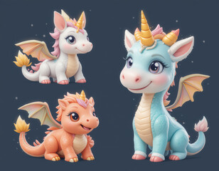 Naklejka premium Adorable 3 d baby dragons with colorful wings and horns