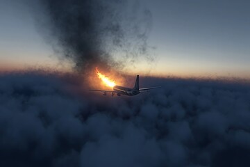 An airplane in the sky with flames and smoke, suggesting a dramatic emergency situation.