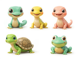 Obraz premium Cute 3 d reptiles and amphibians: frogs, turtles, and lizards in pastel colors