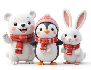 Fototapeta premium Cute winter friends: polar bear, penguin, and rabbit in red scarves