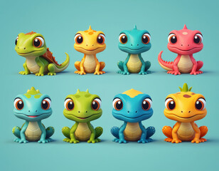 Obraz premium Colorful 3 d reptiles: cute lizard characters with big eyes set against a blue background