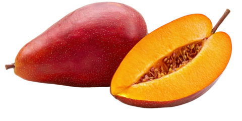 A vibrant fruit, half of it revealing a bright orange interior filled with seeds, contrasted against a deep red exterior.