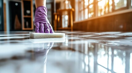 A person in purple gloves mopping a floor with a sponge, as sunlight streams in, reflecting a serene yet diligent cleaning moment in a bright setting.