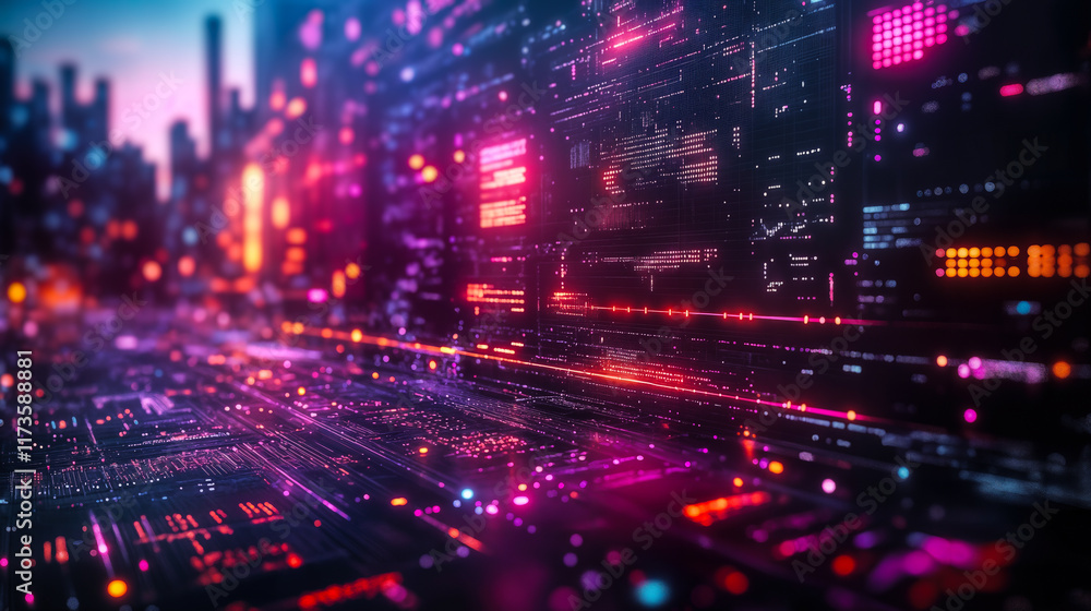 Poster futuristic digital interface for ai tools centralized platform with neon cityscape