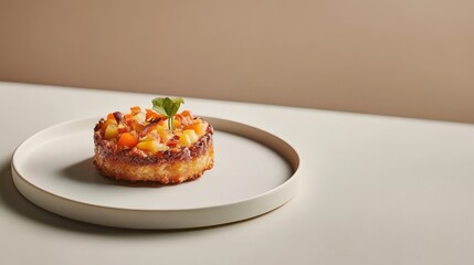 White table with intricate culinary masterpiece on minimalist plate