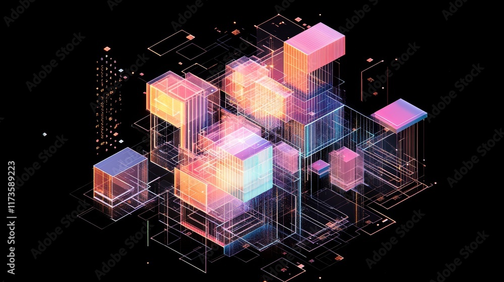 Poster explore a vibrant abstract isometric design showcasing a network structure with 3d geometric element