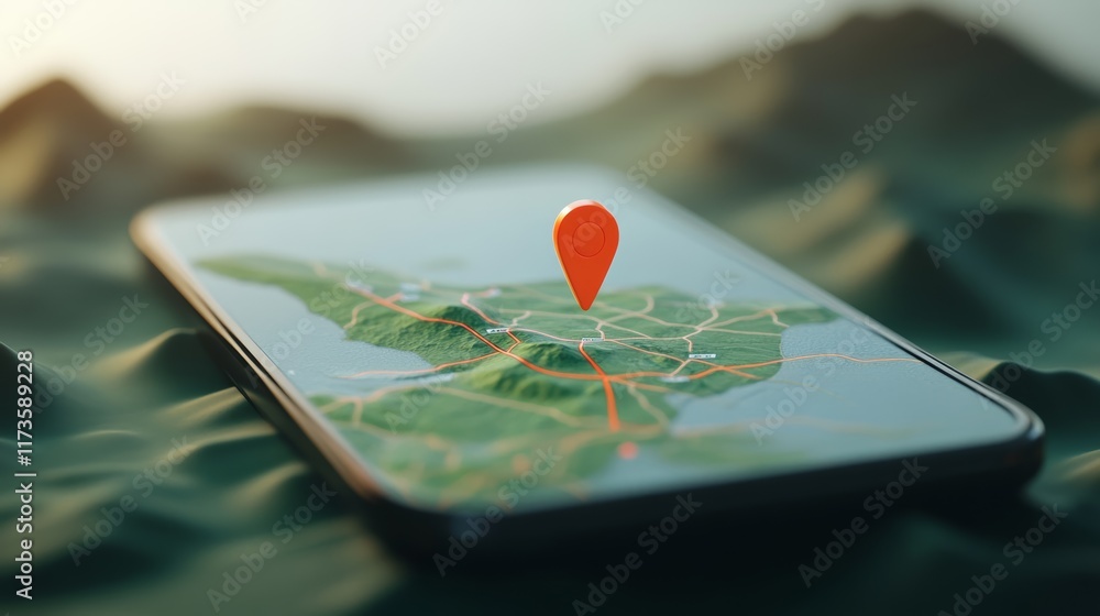 Aufkleber Smartphone displaying a 3d map with a prominent location pin, indicating a specific point of interest amidst a detailed terrain, enhancing navigation and exploration