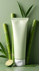 Green tube with bamboo on green background