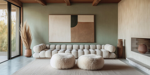 Interior design of modern living room with stucco mint walls, a tufted sofa, abstract wall art and armchair 