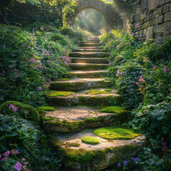 Stone steps ascend through a sunlit, arched garden gate in overgrown ruins