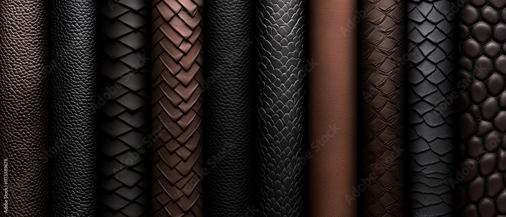 Poster a row of leather straps with different textures and patterns