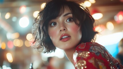 A woman with short hair wearing a floral robe glances over her shoulder in a warmly lit setting, surrounded by soft, blurred lights creating a cozy atmosphere.