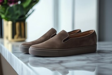 Elegant brown suede slip-on shoes on marble surface in modern setting.