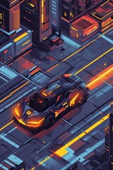 Naklejka premium Futuristic car is driving down a city street with neon lights and buildings in the background