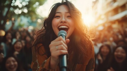 A cheerful performer singing enthusiastically at an outdoor event, illuminated by the warm glow of...