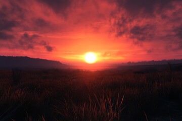 Fototapeta premium A vibrant sunset over a grassy landscape, casting warm hues across the sky.