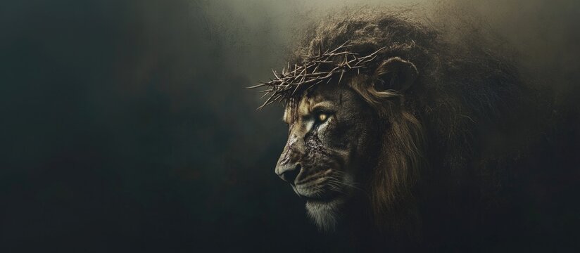 Lion of Judah. A powerful image of a lion with a crown of thorns, evoking themes of faith and redemption.