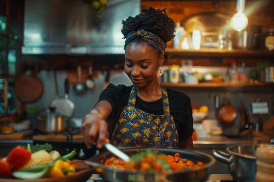 A Black woman prepares a healthy, plant-based, protein-rich meal in a bright kitchen.