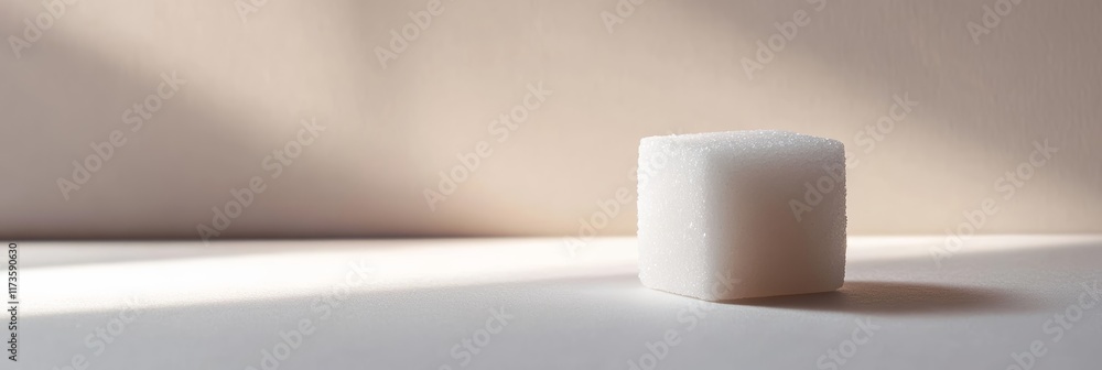 Poster sugar cube on a white surface with a shadow, symbolizing sugar in diets and promoting sugar free liv