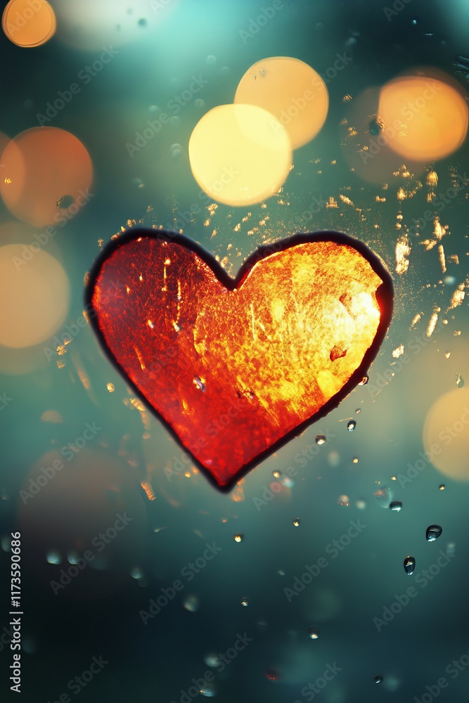 Poster a vibrant heart shape is drawn with droplets on a wet glass window, creating an intimate atmosphere 