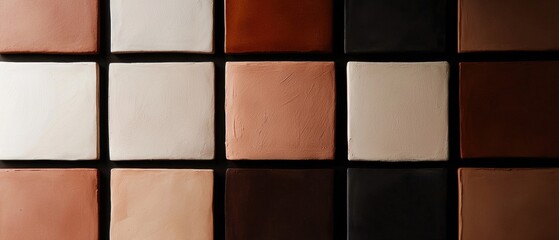 A row of tiles with different colors, including brown, white, and tan